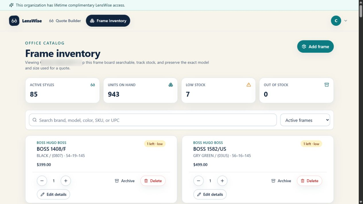 LensWise frame inventory with search, stock totals, and low-stock status