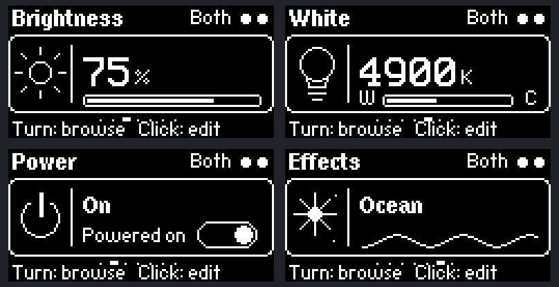 Production-code preview of the Govee controller's brightness, white temperature, power, and effects screens